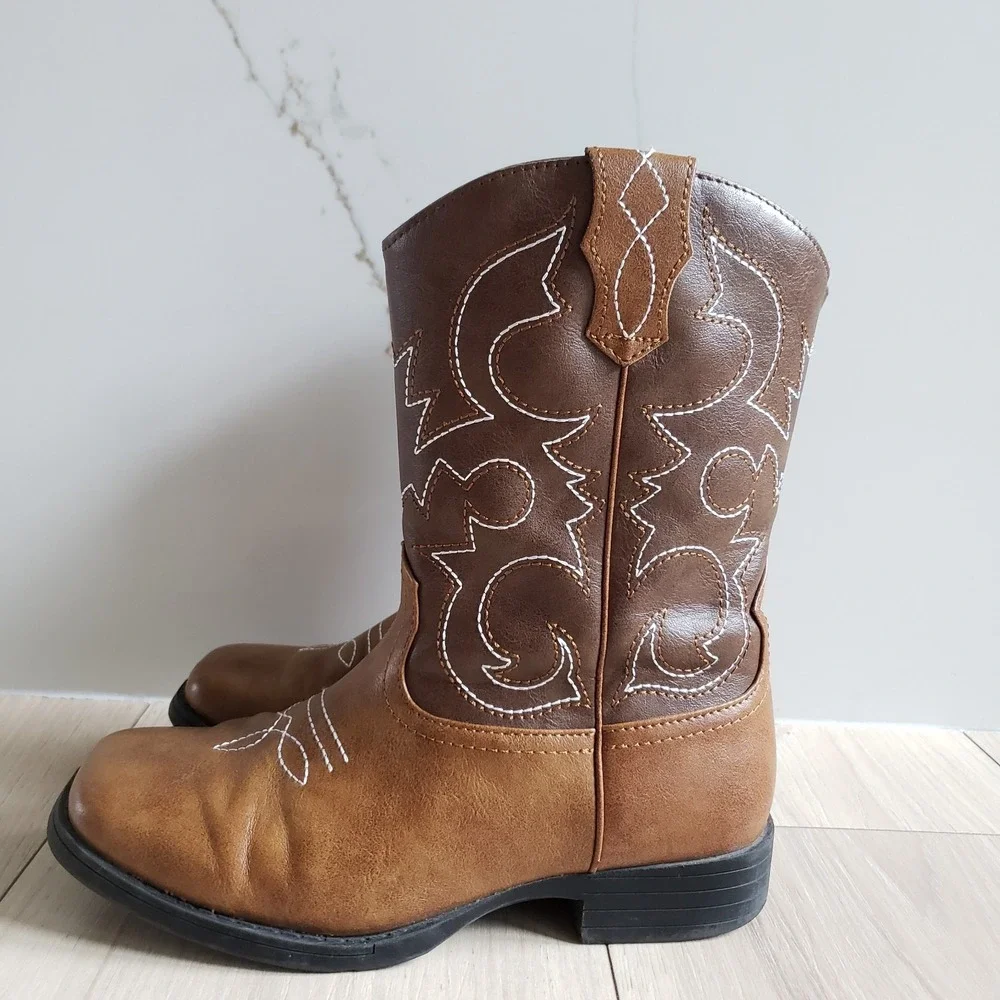 Western Cowboy Boots Kids Size 3 Brown Two-Tone White Stitch‎ Wonder Nation